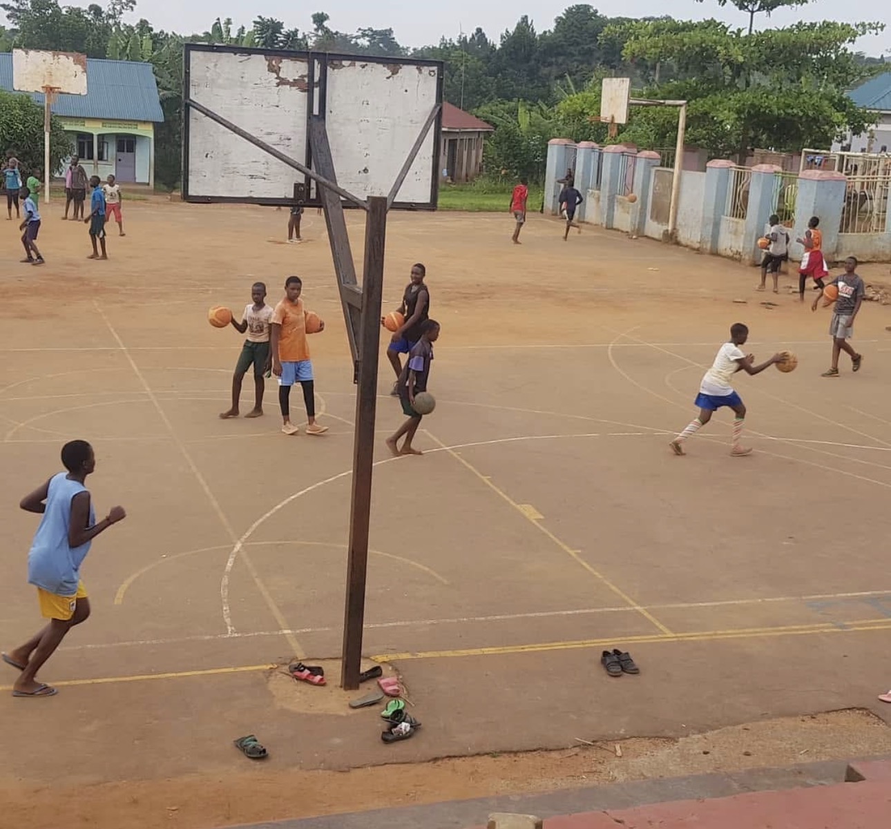 Wide view of the basketball court in play